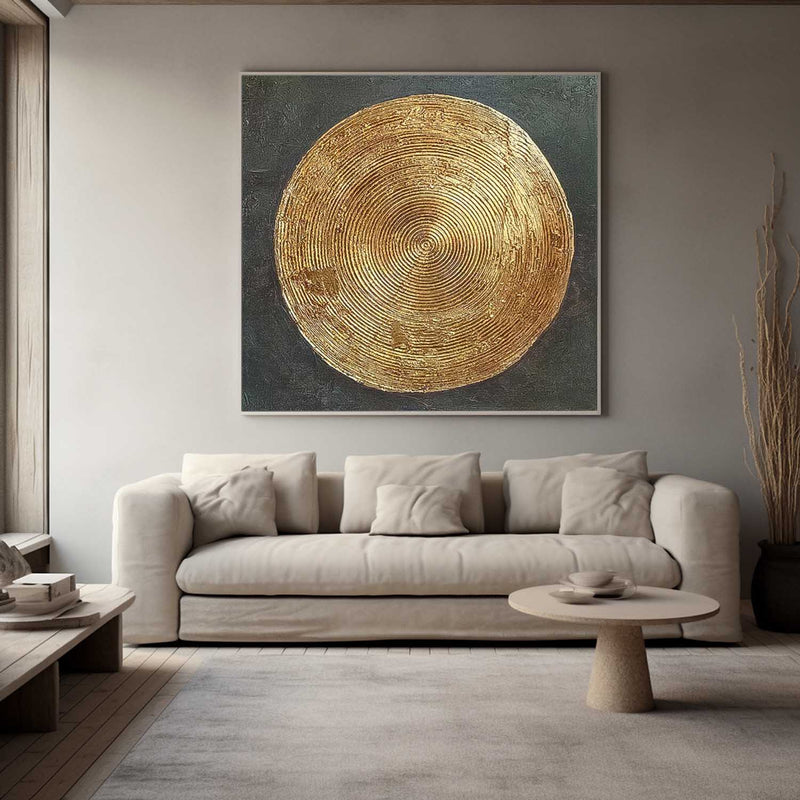 Black And Gold Modern Minimalist Canvas Painting Acrylic Large Abstract Golden Round Wall Art Framed Wall Decor