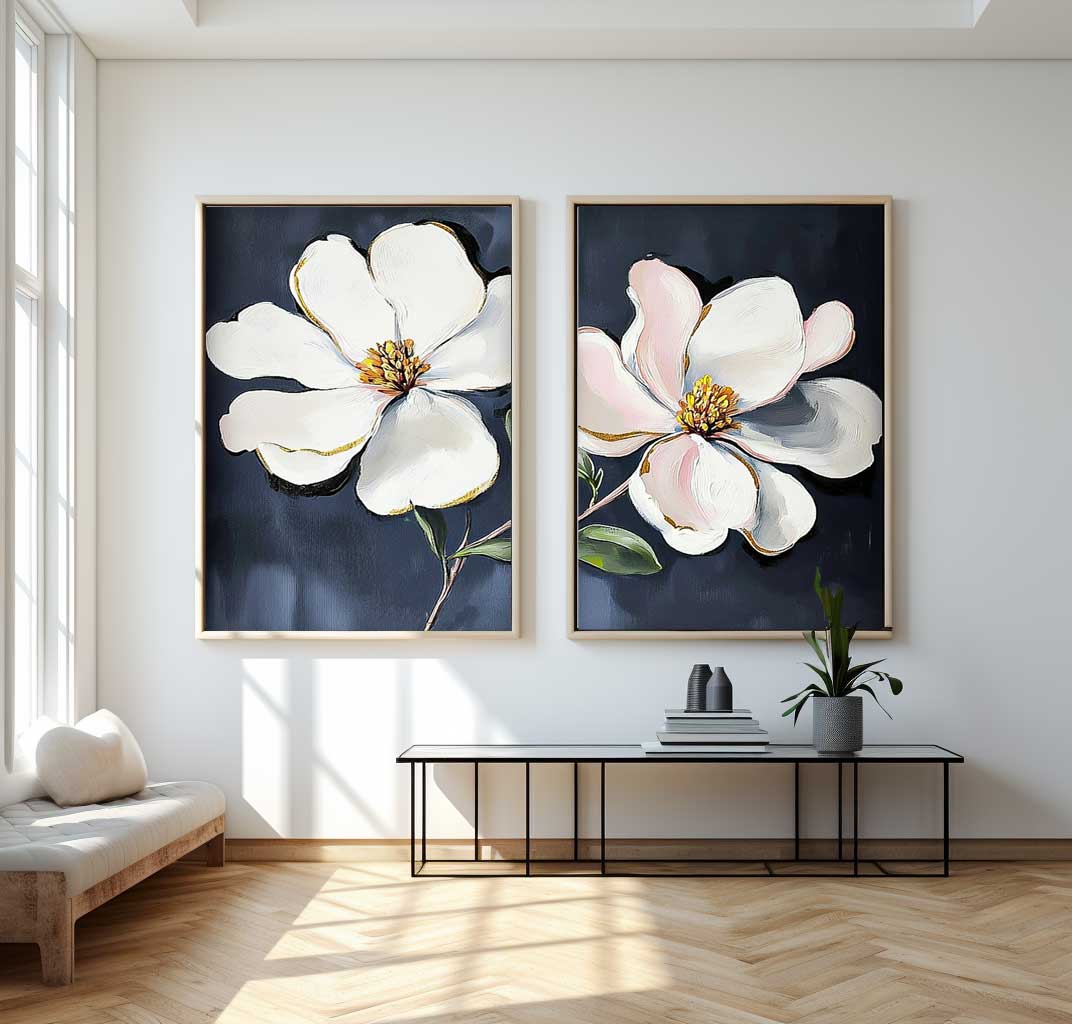 Set of 2 Floral Painting on Canvas 3D Blossom Textured Wall Art Flower Pastel Impasto Botanical Home Decor