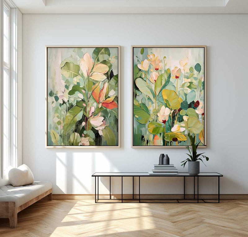 Set of 2 Green Abstract Oil Paintings Contemporary Flower Canvas Wall Art Floral Spring Artwork
