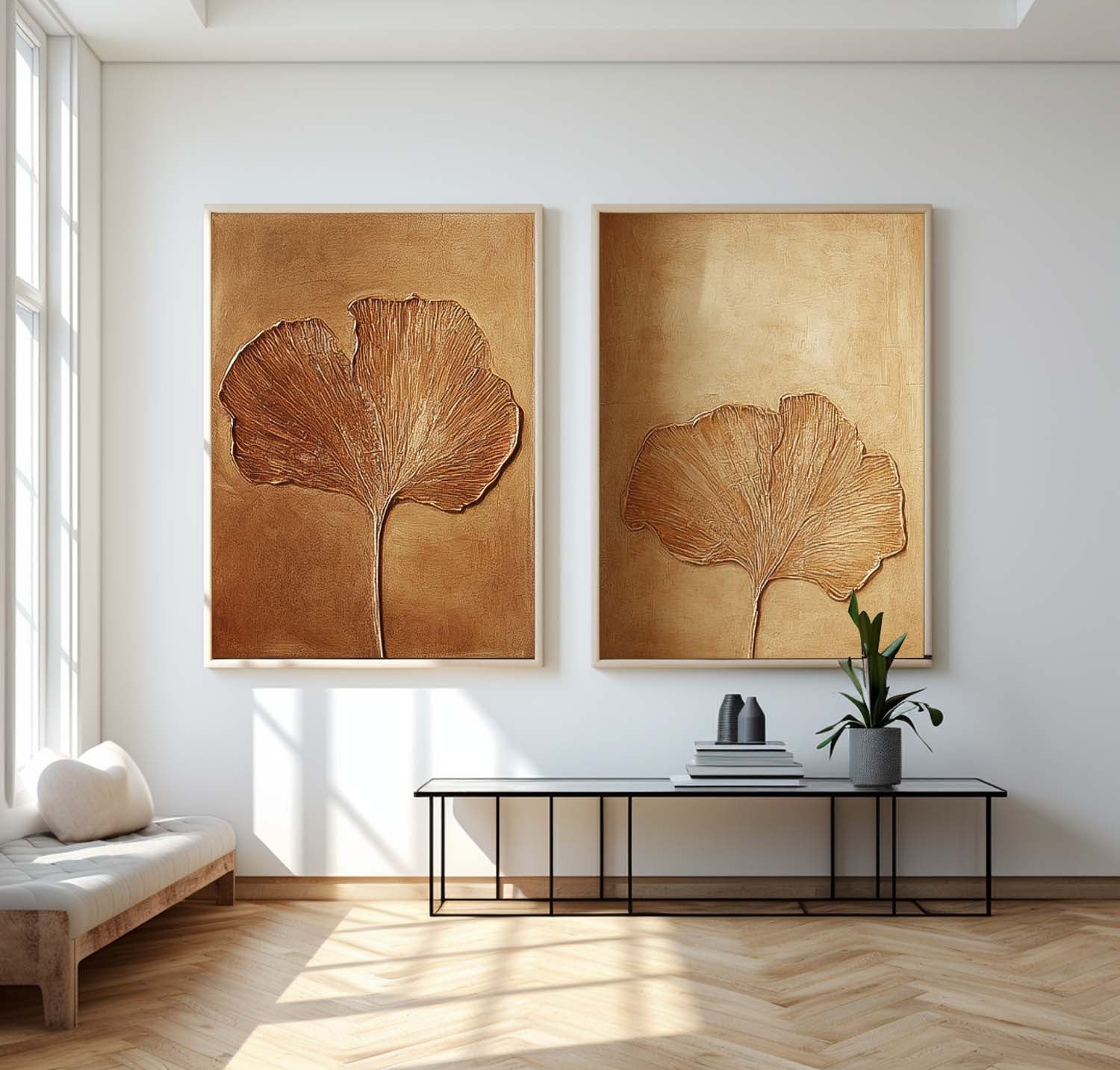 Set of 2 Exquisite Ginkgo Leaf Painting Acrylic Textured Floral Art Impressionist Ginkgo Leaf Painting