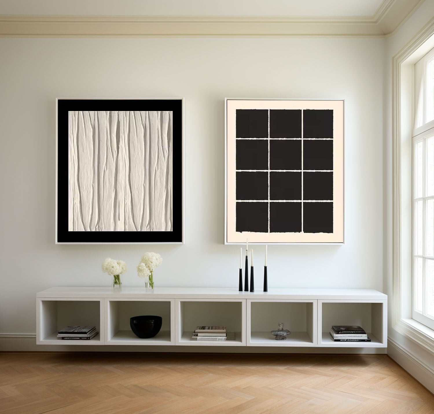 Set of 2 Large Minimalist Modern Black And White Square Original Oil Paintings On Canvas Texture Wall Art Decor