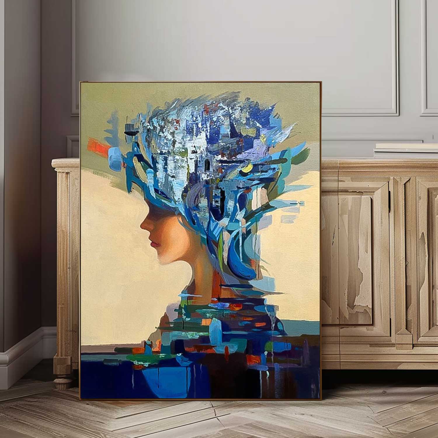 Original Blue Wall Art Abstract Lady Painting Woman Face Artwork Large Leaf Faceless Portrait Painting