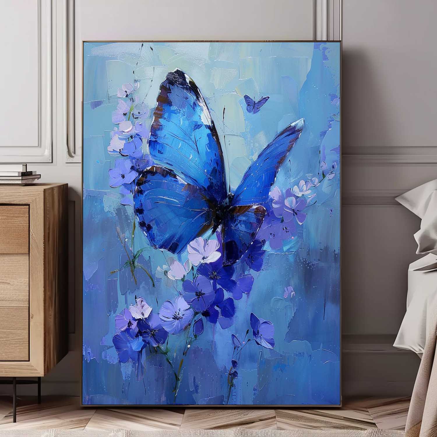 Original Artwork Impressionist Butterfly Wall Art Blue Oil Painting Modern Texture Oil Painting Decor