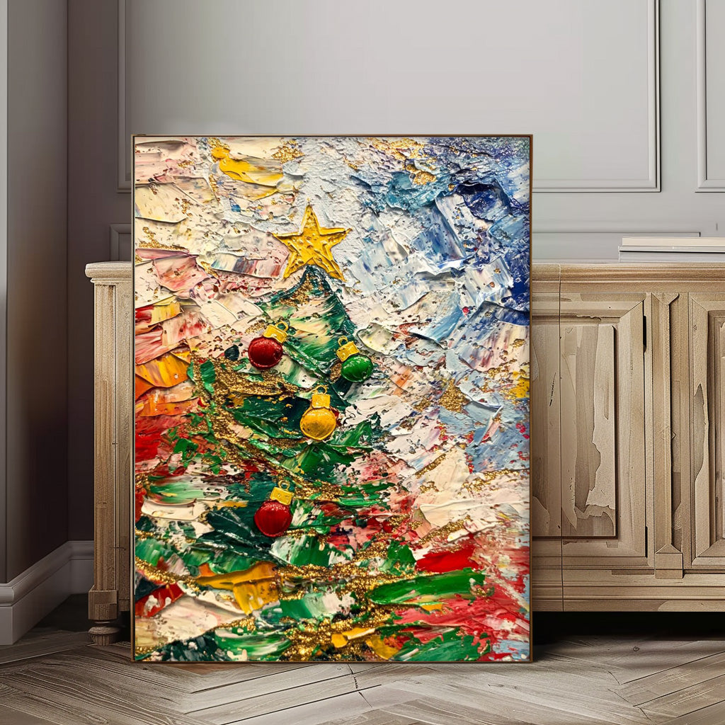 Colorful Acrylic Painting Original Christmas Tree Painting Texture Abstract Christmas Tree Art Home Decor