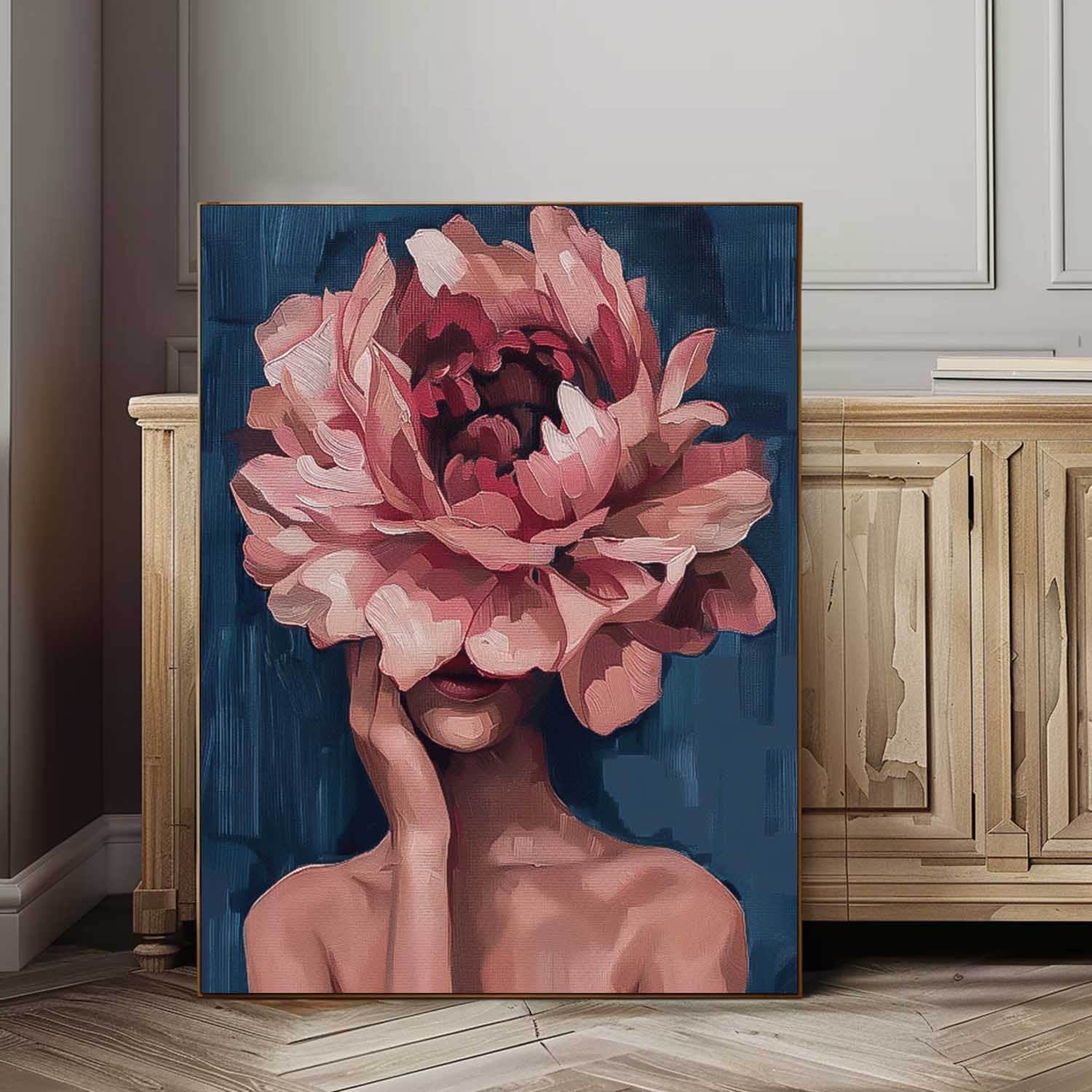 Original Lady Wall Art Abstract Pink Peony Flower Profile Artwork Large Portrait Painting For Living Room