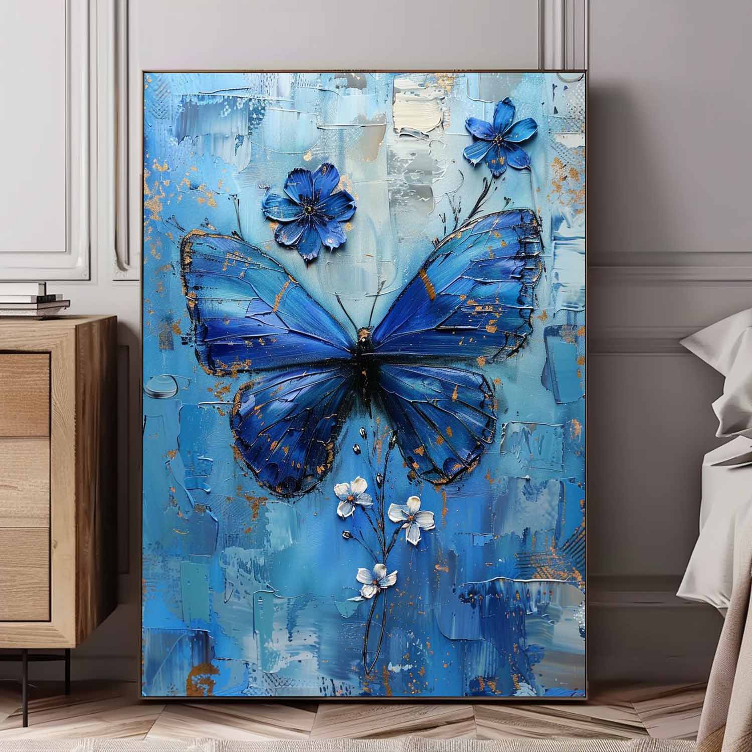 Original Artwork Impressionist Lovely Butterfly Wall Art Blue Oil Painting Modern Texture Oil Painting Framed