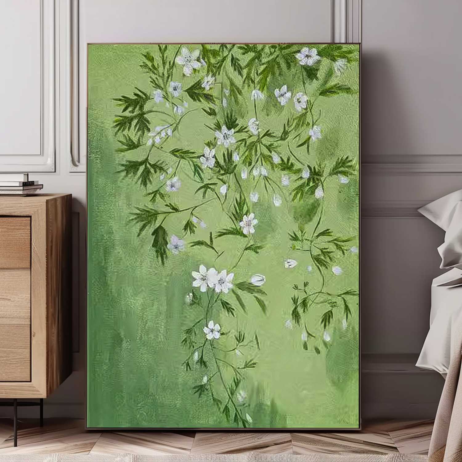 Green Leaves And White Flower Oil Painting On Canvas Big Original Beautiful Flowers Artwork Framed