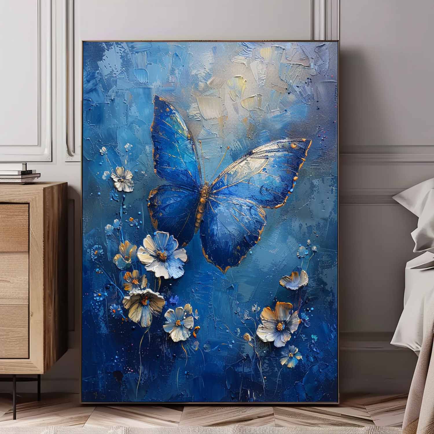 Blue Oil Painting Modern Texture Oil Painting Impressionist Butterfly Wall Art Original Artwork Decor