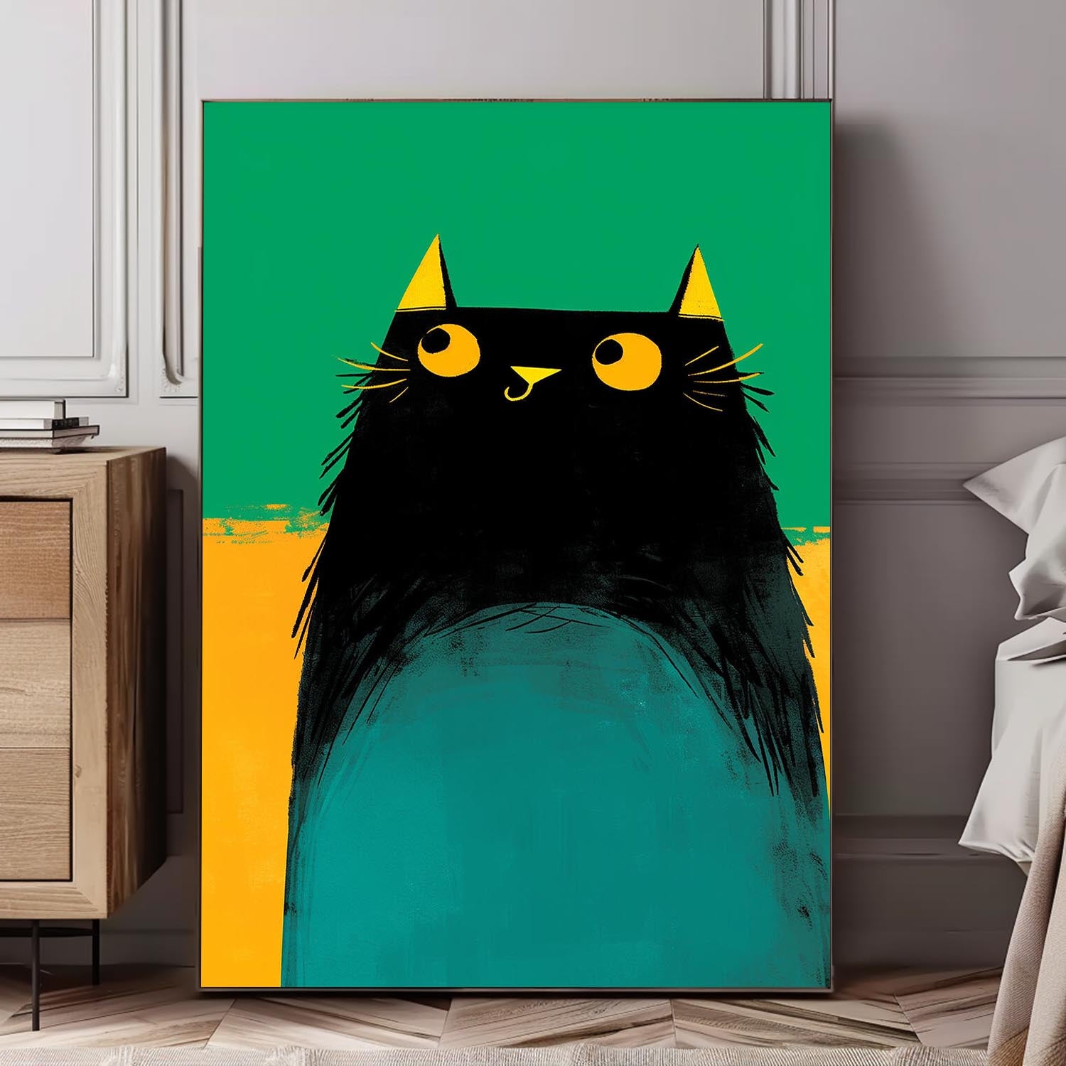 Modern Black Cat Animal Oil Painting Vibrant Yellow And Green Oil Painting Impressionist Kitty Wall Art