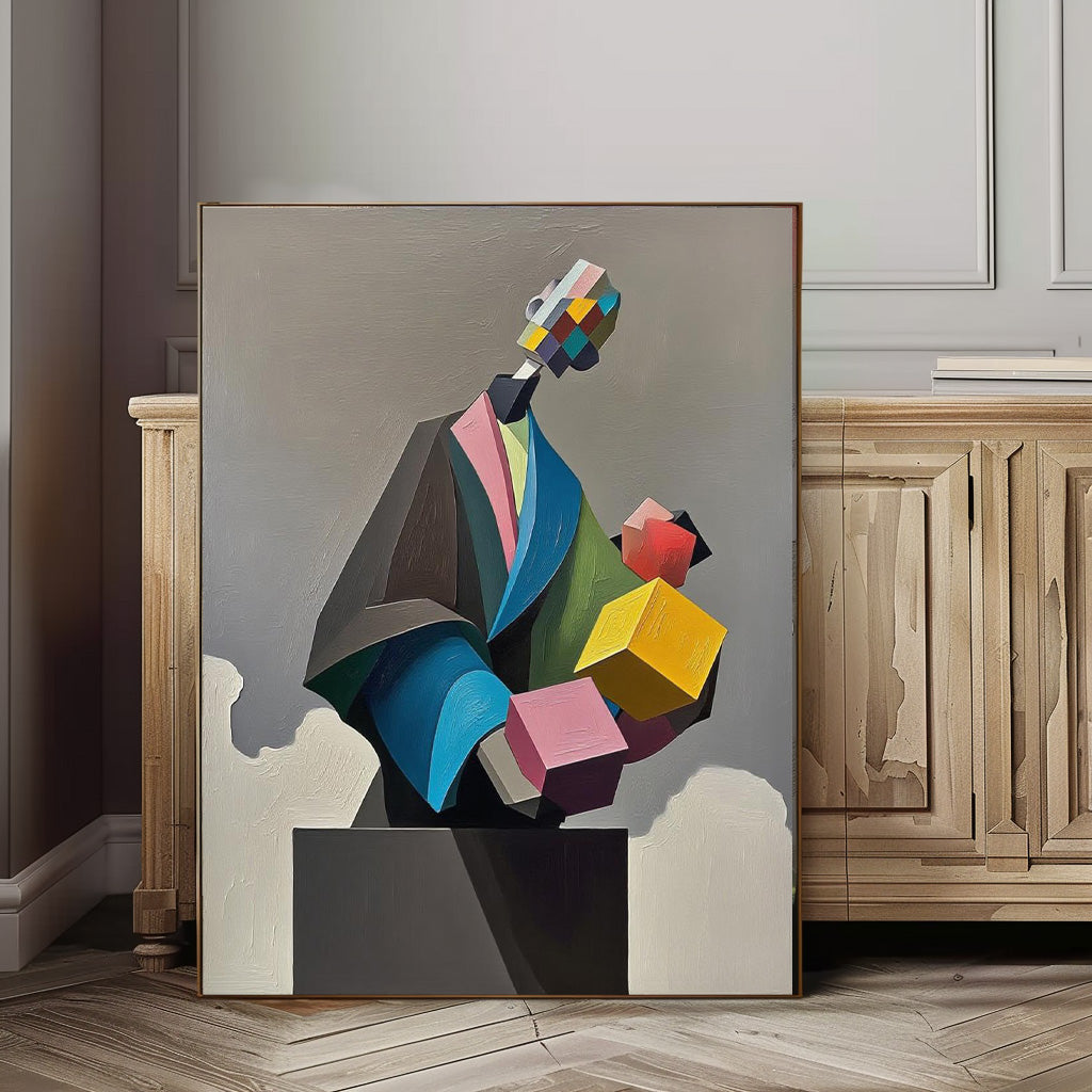 Original Large Abstract Portrait Wall Art Textured Geometric Shapes People Painting Canvas Home Decor
