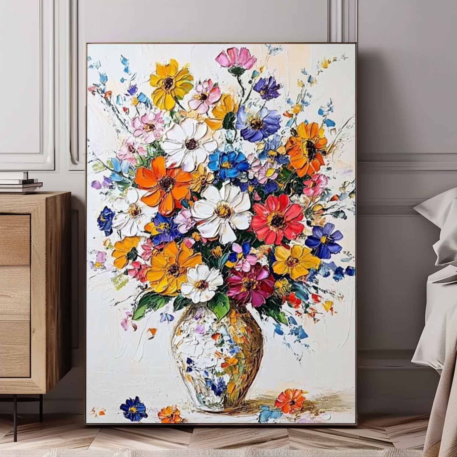 Original Floral Painting Colorful Flowers Acrylic Painting Canvas Large Textured Vase Art For Living Room