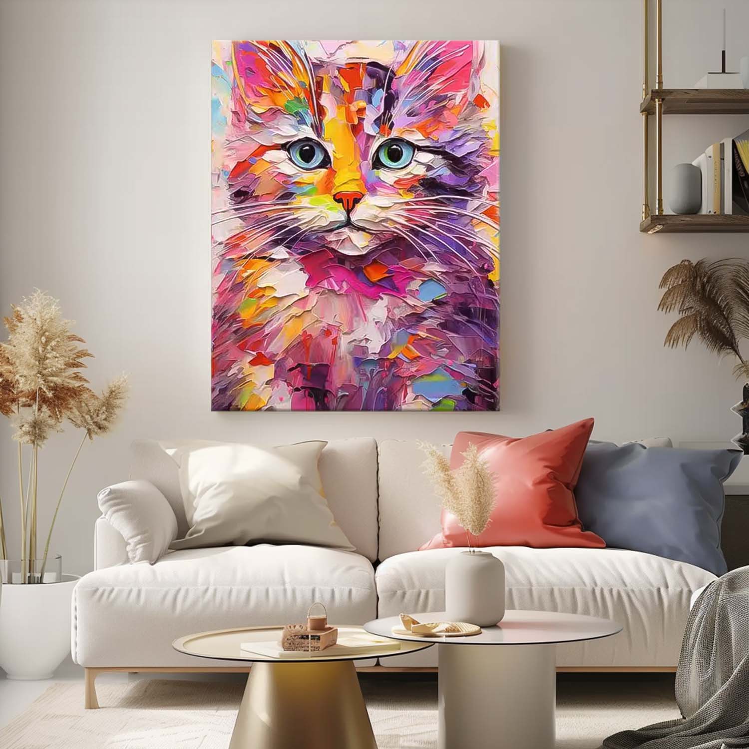 Vibrant Color Cat Oil Painting Modern Colorful Texture Animal Oil Painting Impressionist Kitty Wall Art