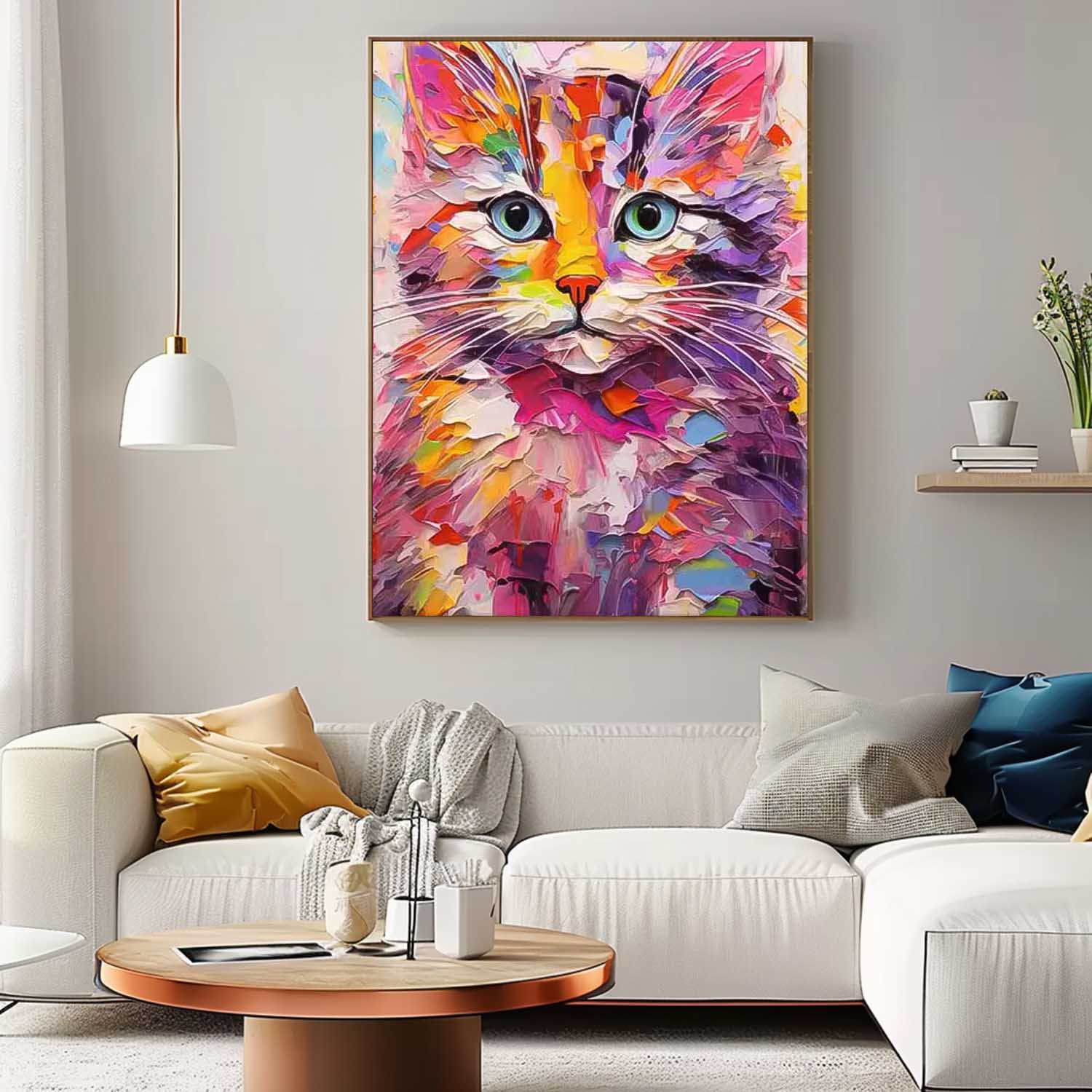 Vibrant Color Cat Oil Painting Modern Colorful Texture Animal Oil Painting Impressionist Kitty Wall Art