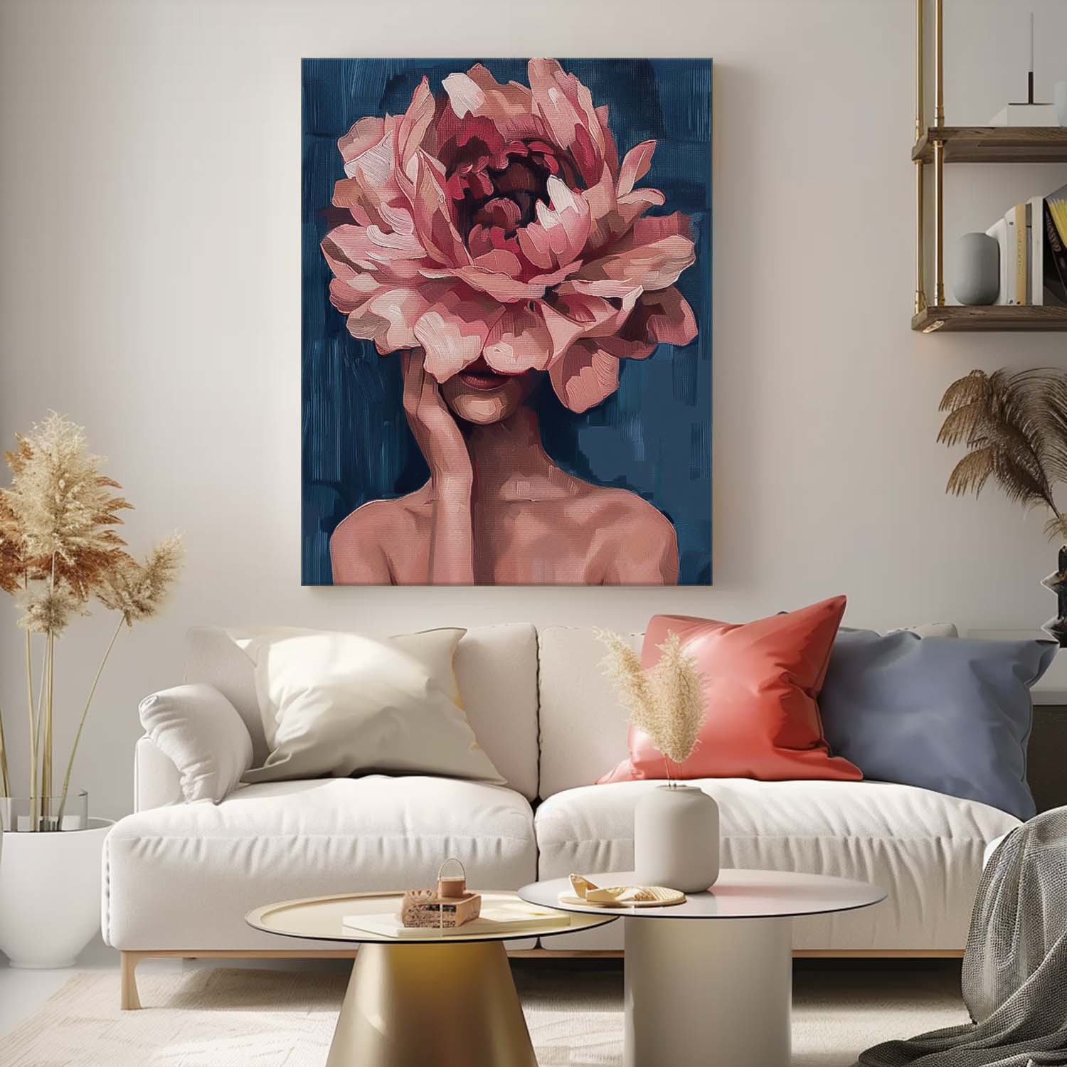 Original Lady Wall Art Abstract Pink Peony Flower Profile Artwork Large Portrait Painting For Living Room