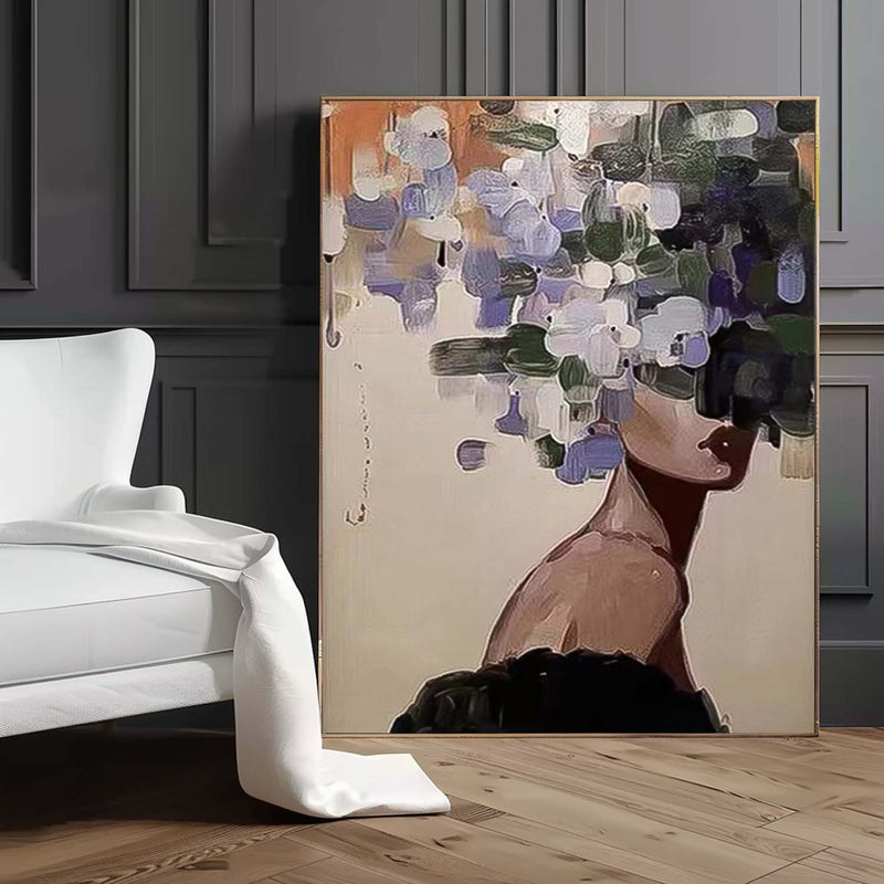 Large Faceless Portrait Artwork Abstract Lady Painting Woman Face Painting Original Flower Figurative Canvas Art Framed Woman Art Home Decor