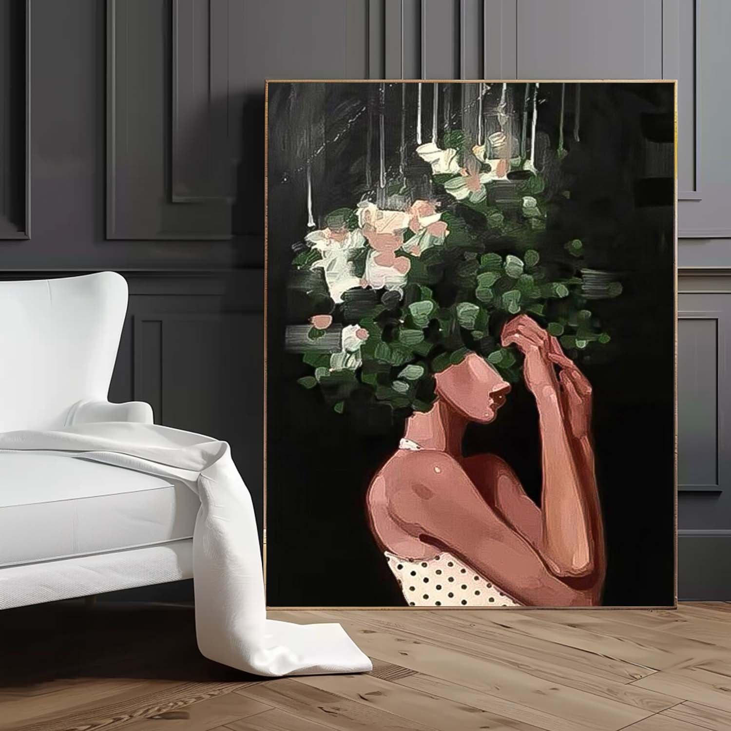 Abstract Lady Painting Woman Face Artwork Large Leaf Faceless Portrait Painting Original Wall Art