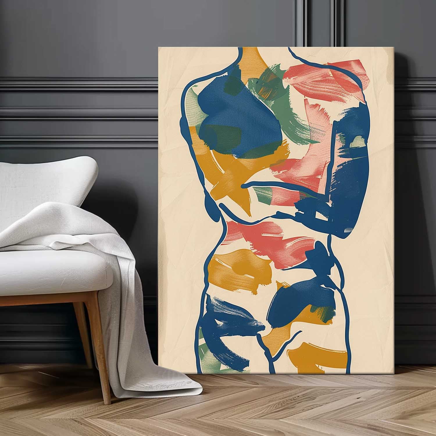 Vibrant Boho Original Abstract Color Body Line Outline Wall Art Figure Contour Acrylic Painting Minimalism Artwork