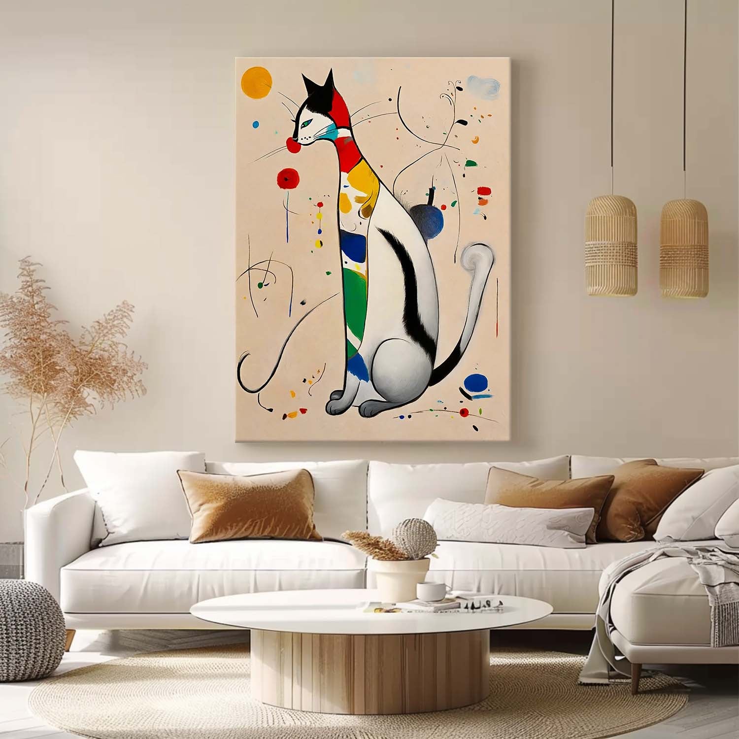 Modern Cat Oil Painting Framed Artwork Surreal Joan Miró Style Abstract Cat Oil Painting Large Cat Pop Art