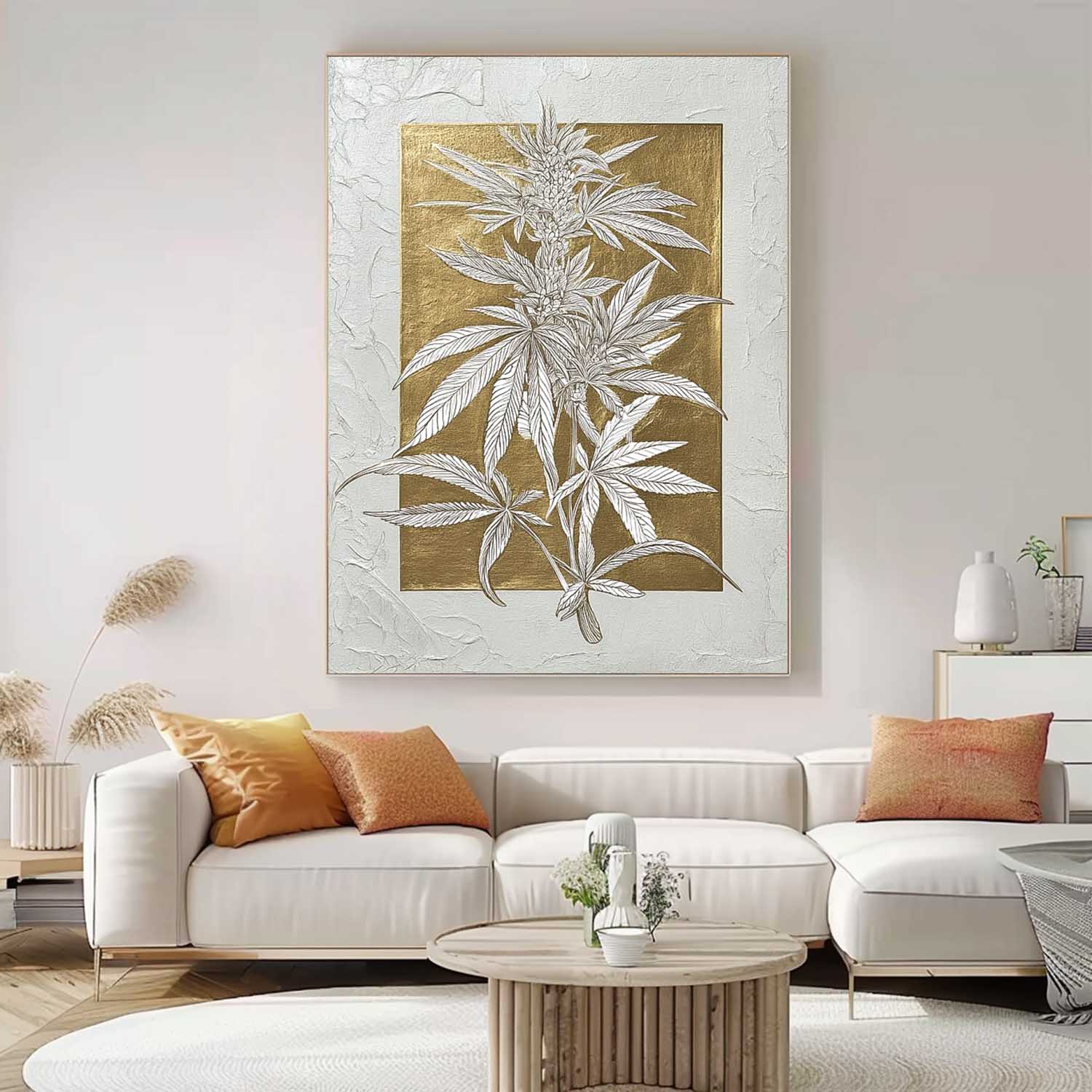 Gold Texture Plant Wall Art Large Flower Abstract Oil Painting Canvas Original Leaf Artwork Home Decor
