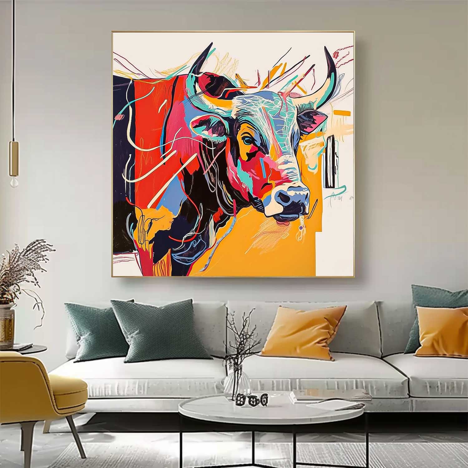 Large Colorful Animal Artwork Home Decor Square Ox Oil Painting Canvas Original Lovely Cow Wall Art