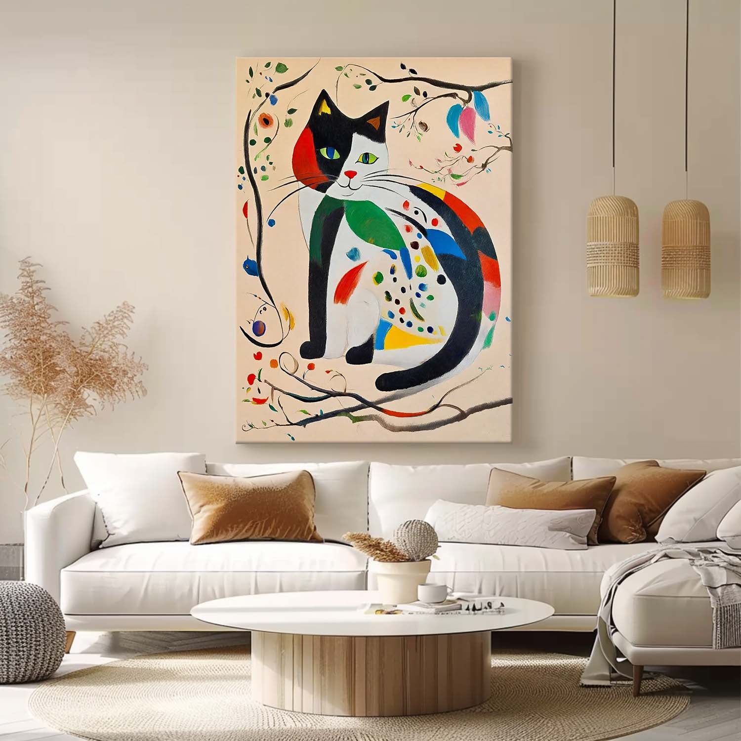 Modern Cat Oil Painting Framed Artwork Joan Miró Style Abstract Cat Childlike Oil Painting Large Cat Pop Art