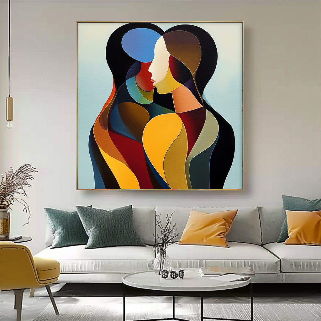 Original Figure Acrylic Painting Canvas Colorful Lovers Abstract Wall Art Square Large Portrait Artwork