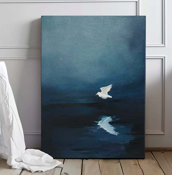 Large Blue Lake Surface Wall Art Minimalist Pigeon Abstract Canvas Oil Painting Original Hand-Painted Artwork
