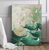 Original Abstract Beach Oil Painting On Canvas Large 3D Green Ocean Wall Art Seagull Artwork Decor