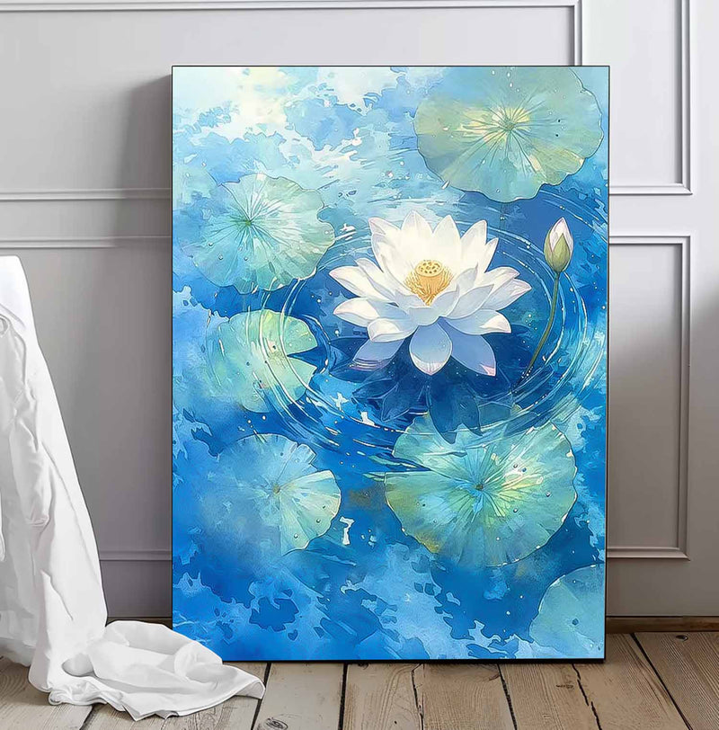 Abstract Lotus Flower Oil Painting On Canvas Big Original Texture Beautiful Blue Artwork Framed Home Decor