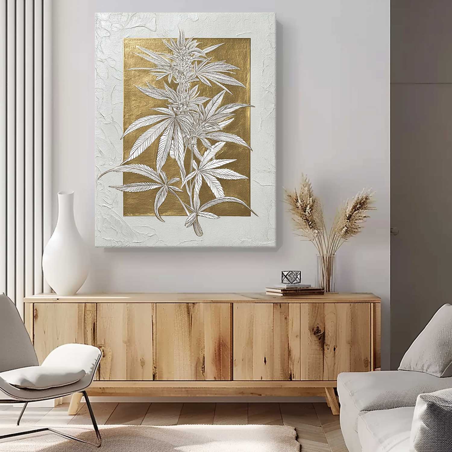 Gold Texture Plant Wall Art Large Flower Abstract Oil Painting Canvas Original Leaf Artwork Home Decor