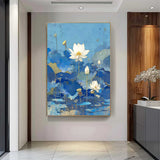 Abstract Lotus Flower Oil Painting On Canvas Big Original Texture Beautiful Blue Flowers Artwork Framed