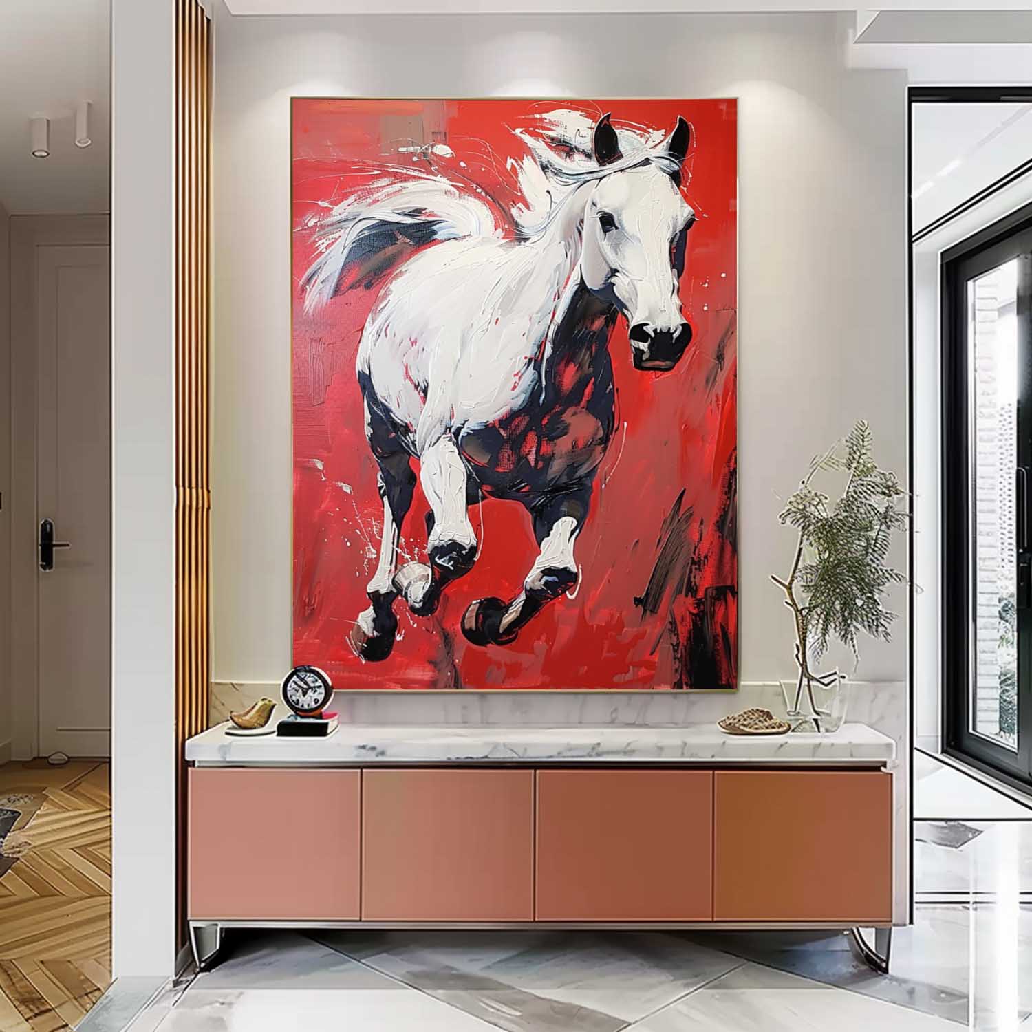 White Horse Oil Painting Modern Red background Texture Animal Oil Painting Impressionist Horse Wall Art Decor
