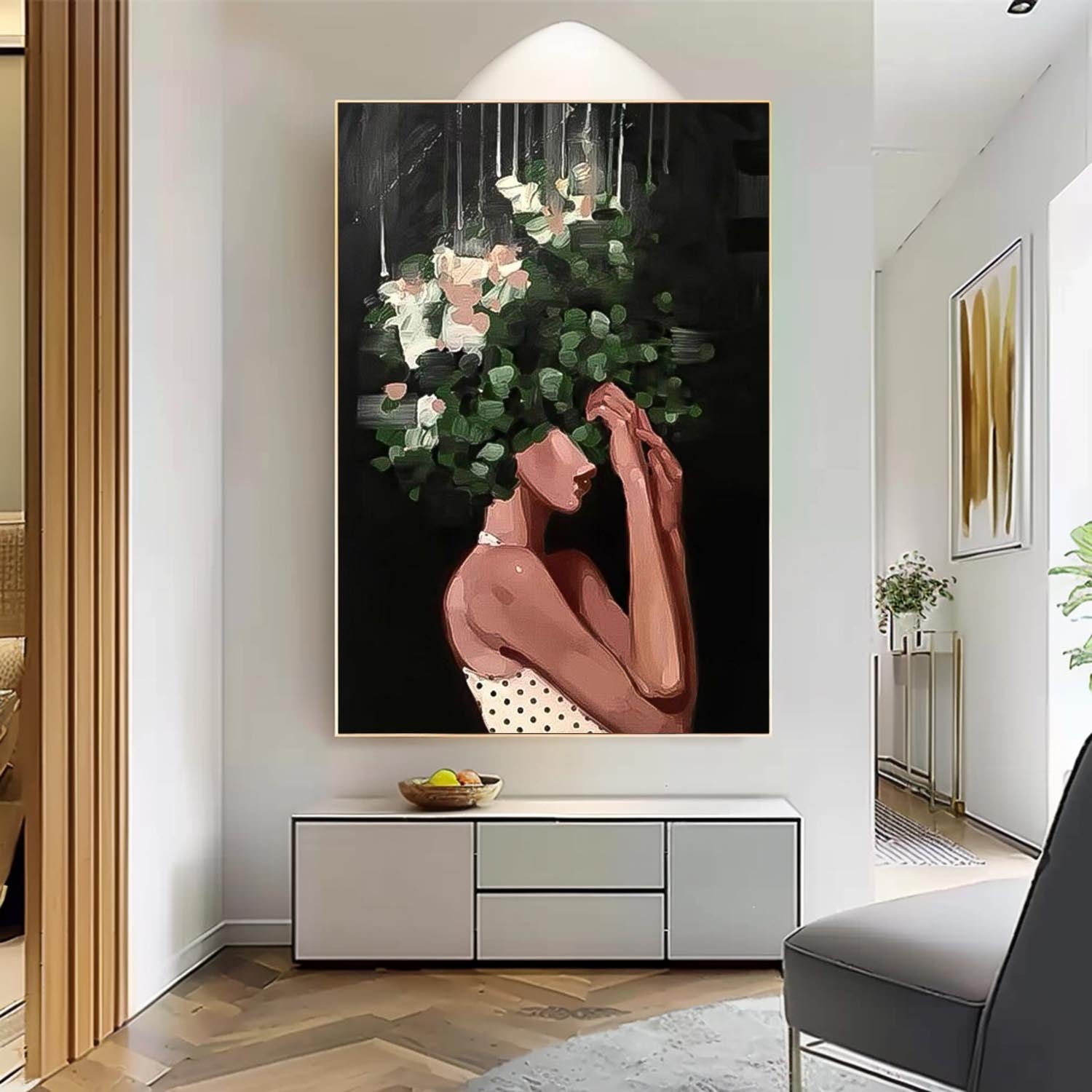 Abstract Lady Painting Woman Face Artwork Large Leaf Faceless Portrait Painting Original Wall Art