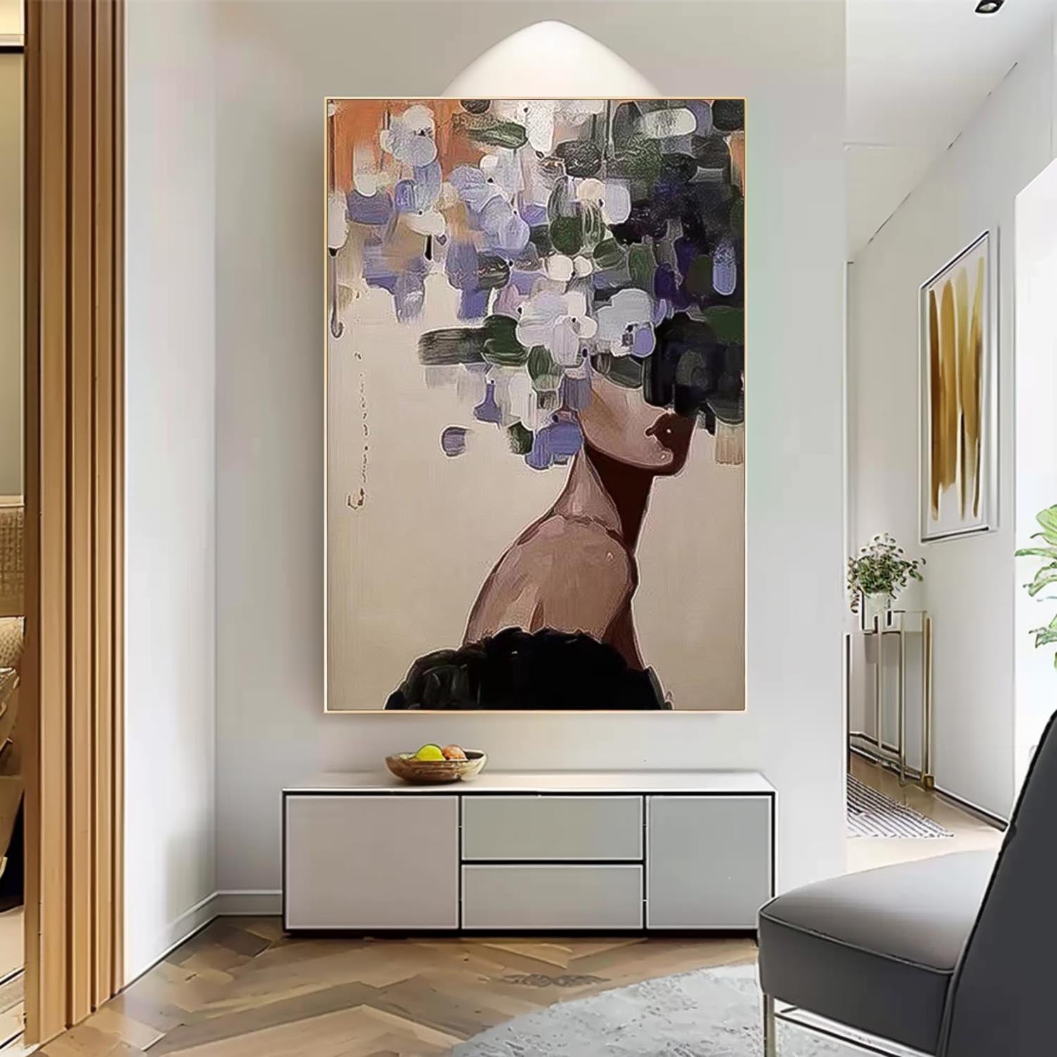 Large Faceless Portrait Artwork Abstract Lady Painting Woman Face Painting Original Flower Figurative Canvas Art Framed Woman Art Home Decor