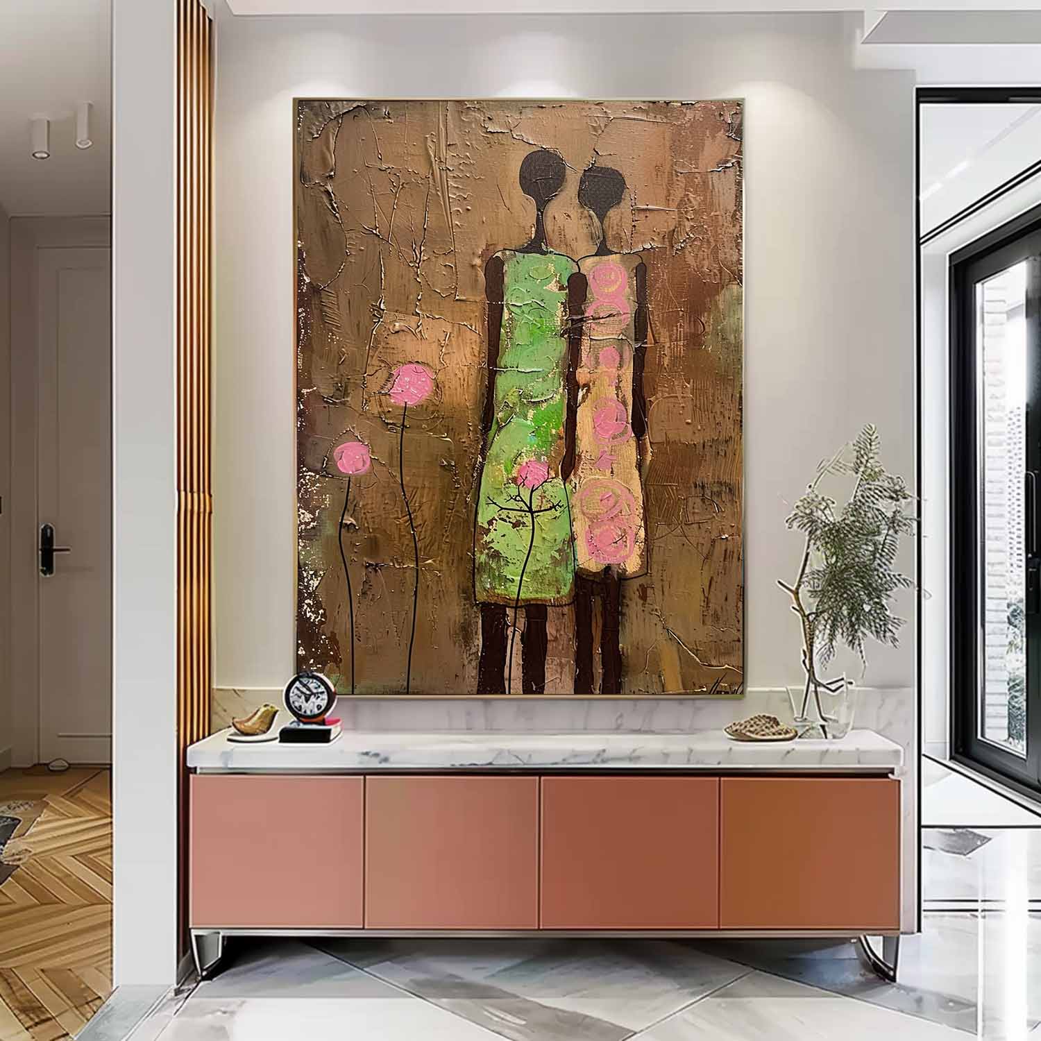 Original Colorful Silhouettes Wall Art Cute Brown Large Figure Painting Abstract Artwork For Living Room