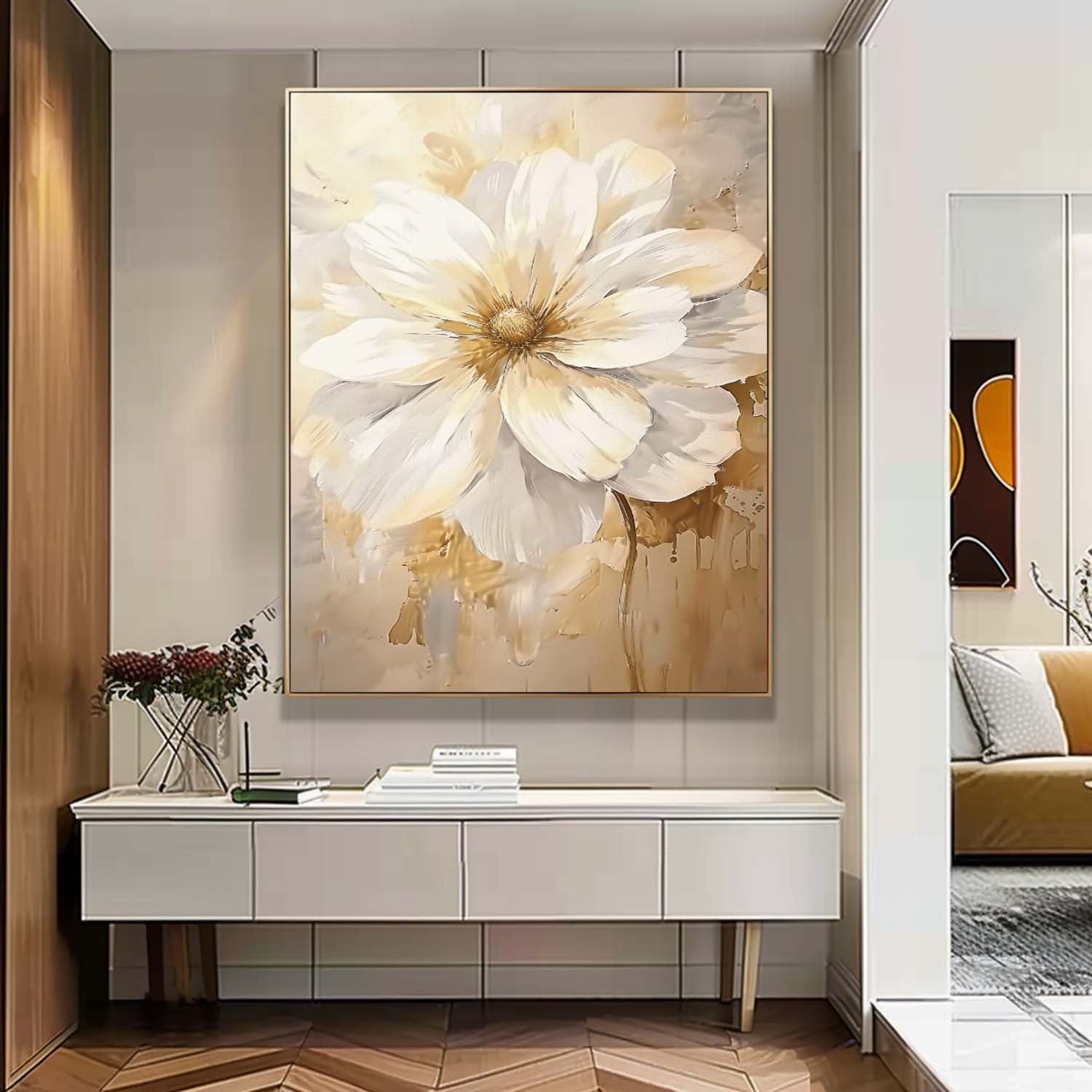 Contemporary Abstract Painting Bright Color Flowers Acrylic Painting Canvas Large Textured Floral Art Framed