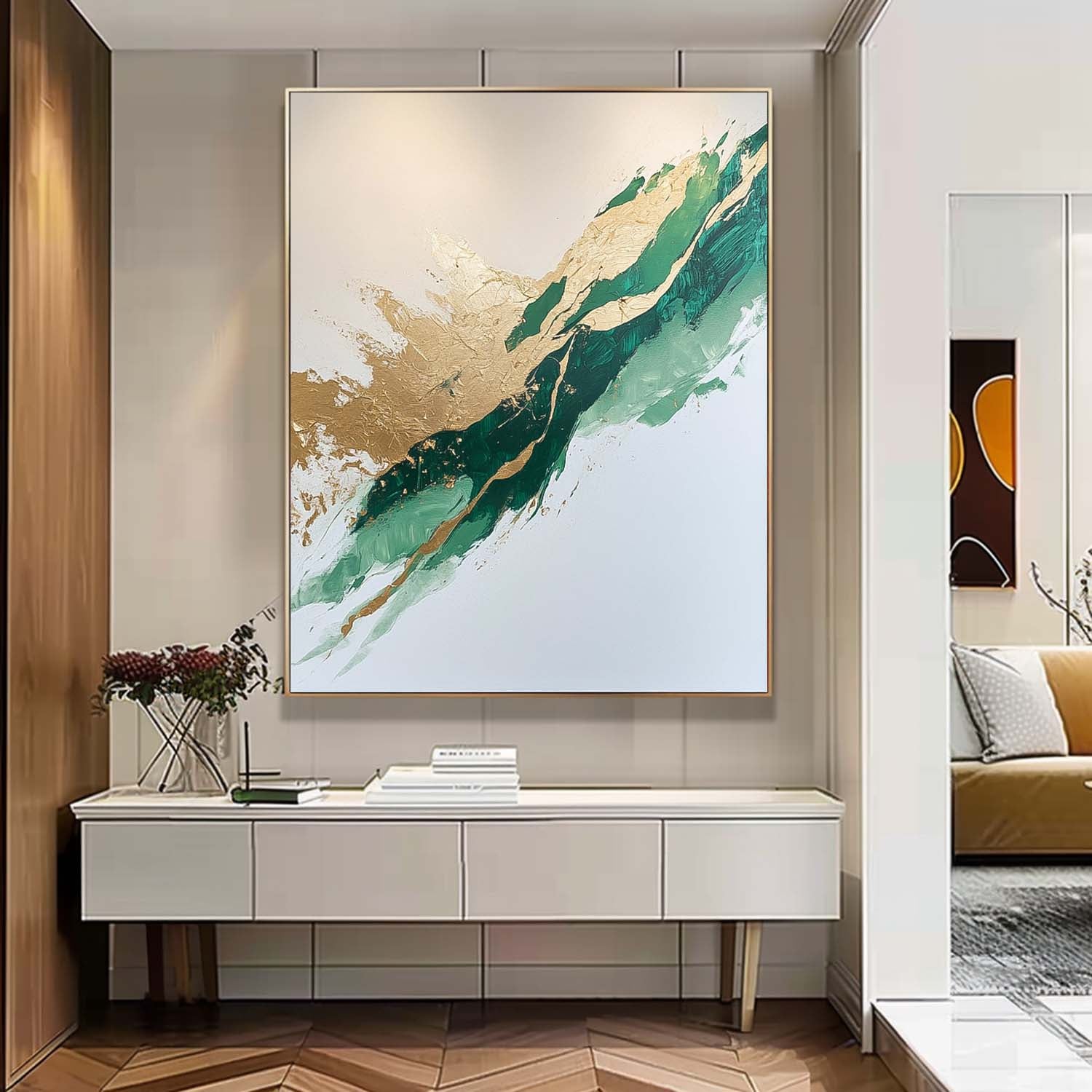 Large Green Modern Acrylic Painting On Canvas Gold Texture Abstract Oil Painting High Quality Original Artwork