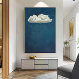 Original Hand-Painted Artwork Large Blue Wall Art Minimalist White Clouds Abstract Canvas Oil Painting