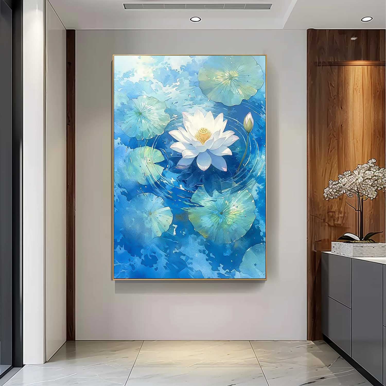 Abstract Lotus Flower Oil Painting On Canvas Big Original Texture Beautiful Blue Artwork Framed Home Decor