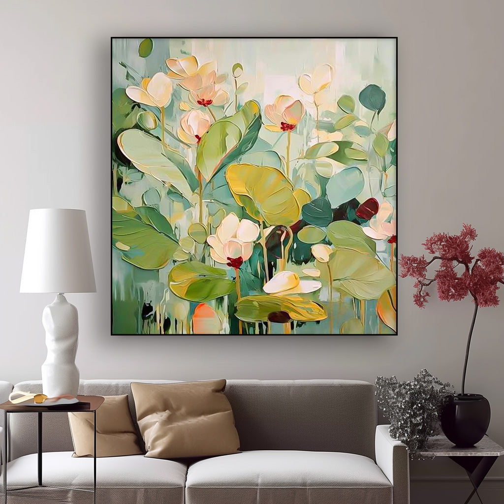 Extra Large Textured Abstract Flower Paintings Square Contemporary Floral Paintings Spring Painting Framed