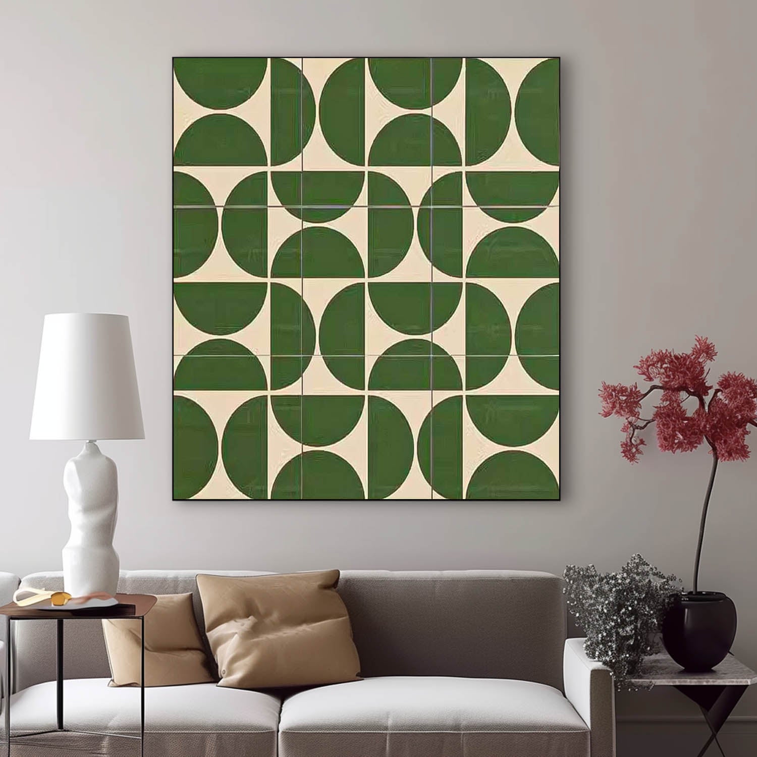 Green Geometry Modern Minimalist Canvas Acrylic Painting Large Regular Semicircle Abstract Wall Art Framed