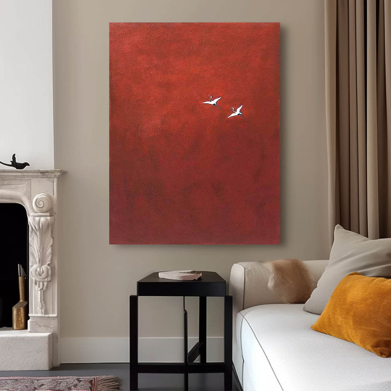 Large Red Wall Art Minimalist Crane Abstract Canvas Oil Painting Original Hand-Painted Artwork