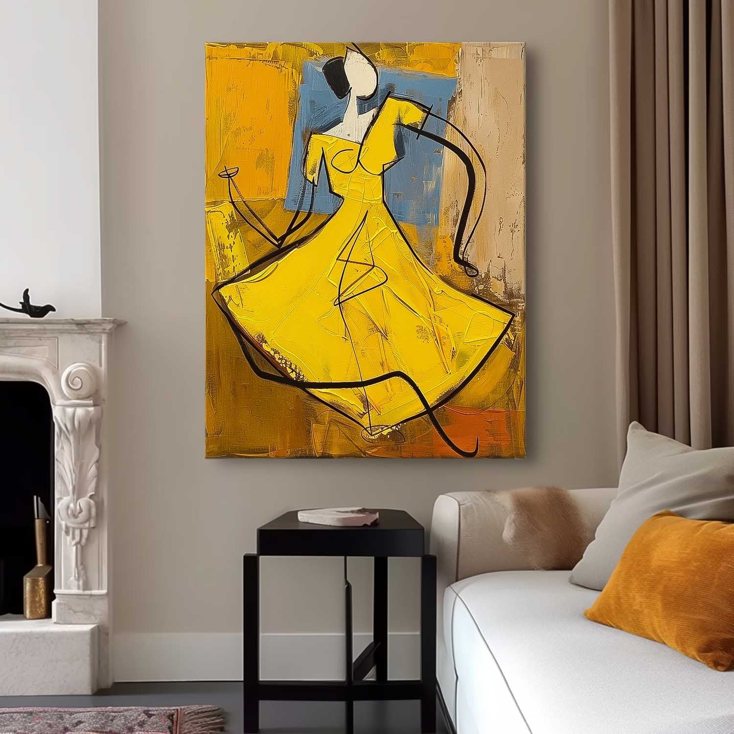 Large Dancing Woman Painting Framed Original Lady Wall Art Abstract Yellow Dress Artwork Home Decor