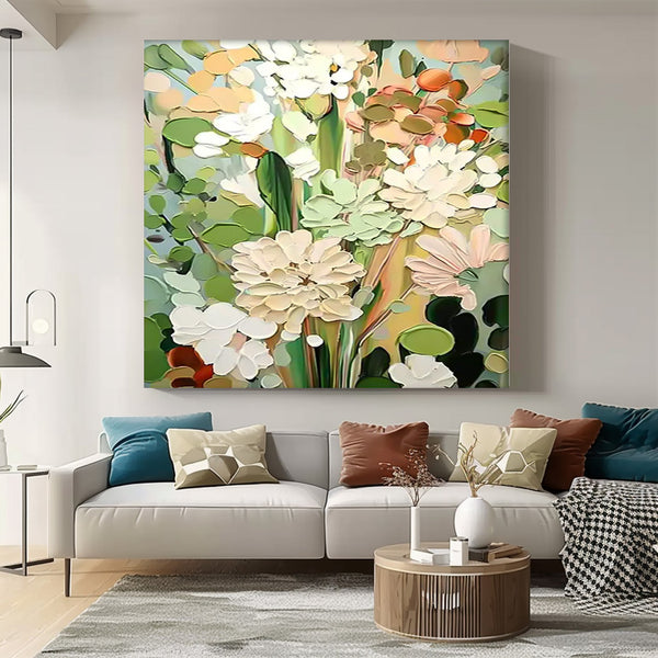 Lovely Original Flowers Abstract Wall Art Square Green Acrylic Painting Modern Floral Oil Painting On Canvas