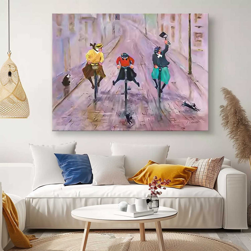 Large woman Rding A Bicycle Wall Art Abstract Oil Painting Original Medieval style Artwork For Living Room