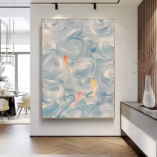 Bright Blue Large Contemporary Acrylic Painting On Canvas Abstract Goldfish Oil Painting Original Artwork Decor