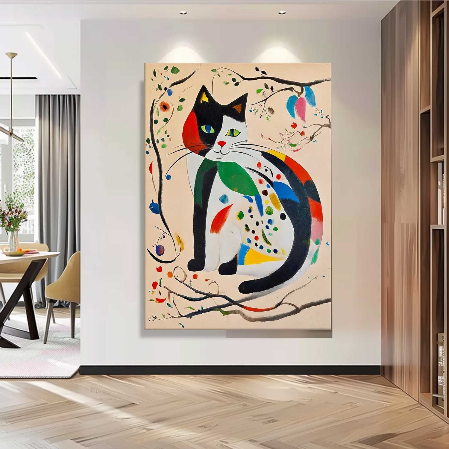 Modern Cat Oil Painting Framed Artwork Joan Miró Style Abstract Cat Childlike Oil Painting Large Cat Pop Art