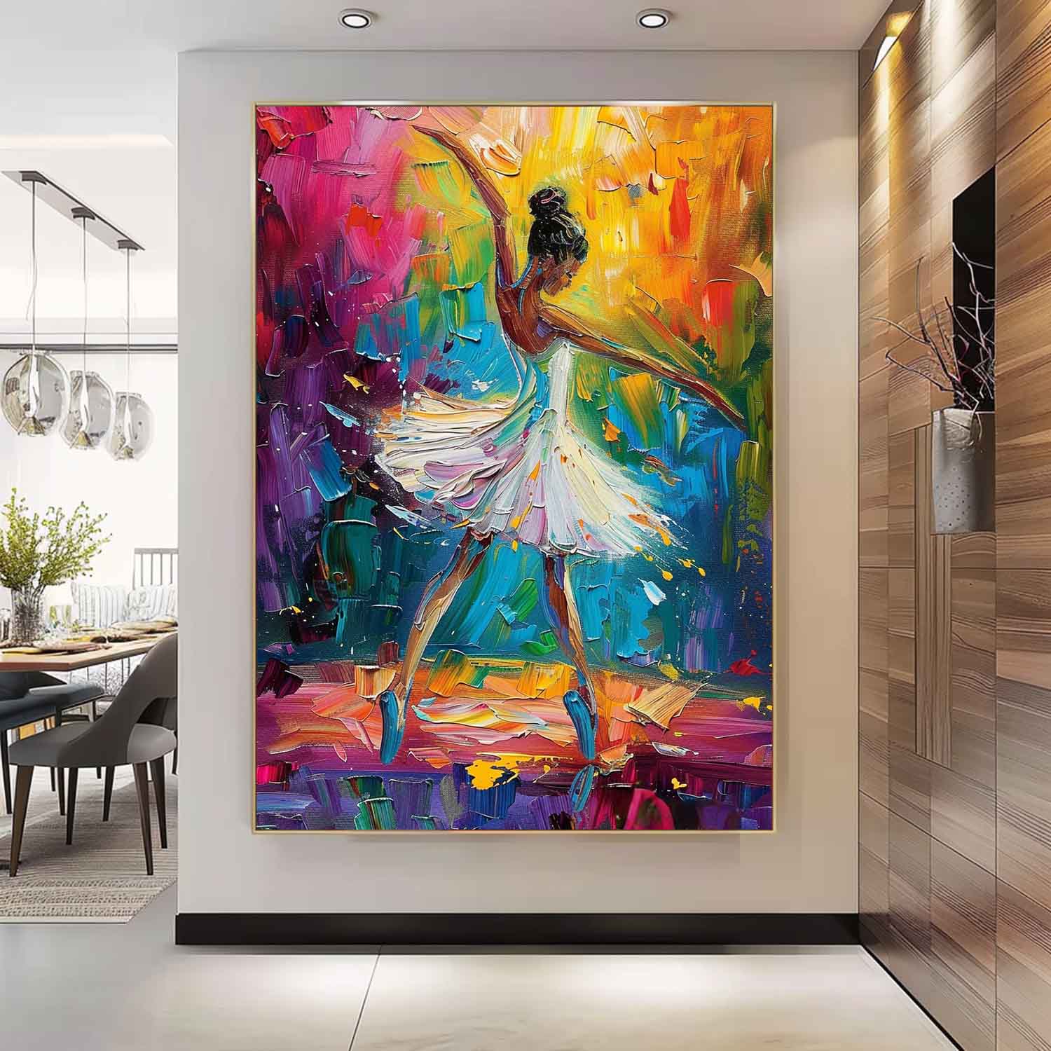 Large Multicolor Girl Painting Framed Original Exquisite Ballet Girl Wall Art Colorful Artwork Gift