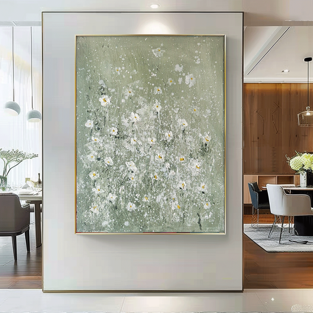 Large Abstract Small White Flower Paintings Modern  Paintings Summer Painting Framed Floral Wall Art