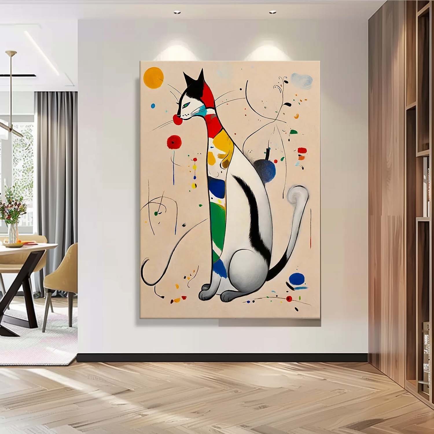 Modern Cat Oil Painting Framed Artwork Surreal Joan Miró Style Abstract Cat Oil Painting Large Cat Pop Art